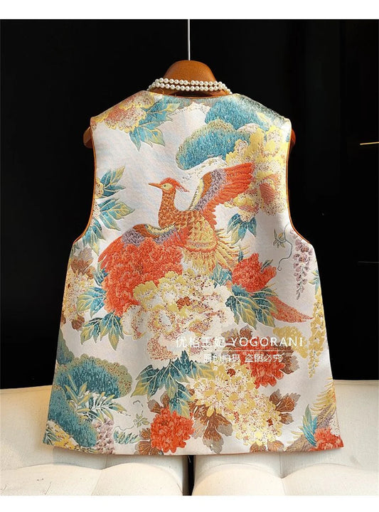 Women's Vest Lady Vests Women's Jacquard Brocade Vest Women's Vest Chinese Retro Buckle Printed Vest Tang Suit Jacket Tide