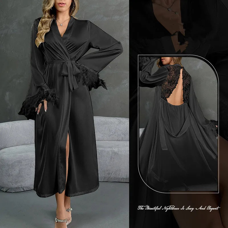 Women's Sexy Robe Silky Satin Long Dressing Gown Lace Backless Nightgowns Horn Feather Sleeve Sleepwear Comfortable Home Robes