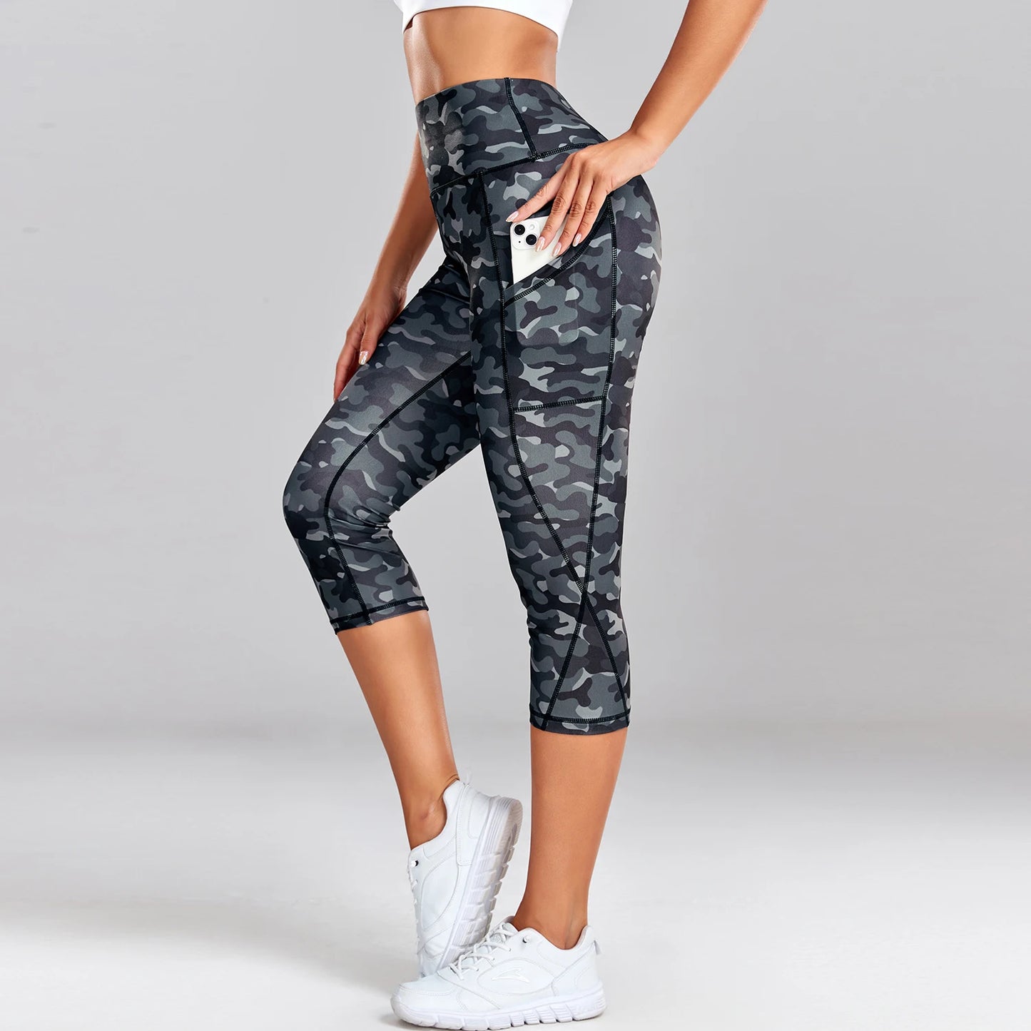 Leopard Print Capris Leggings Women's High Waisted Yoga Pants With Side Pockets Gym Quick Drying Sports Tights Fitness Clothing