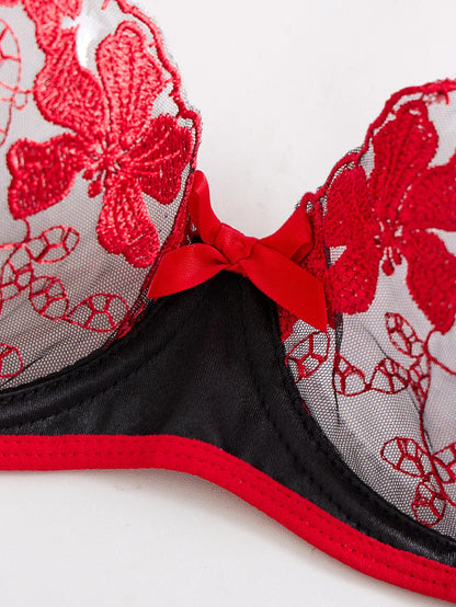 Ladies' Wine Red Heart-shaped Design Embroidered Semi Transparent Comfortable Breathable Underwear Set, Suitable
