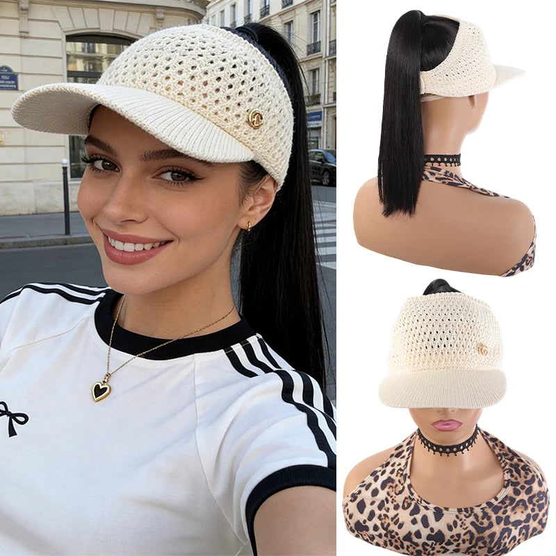 Beige Hollow - out Visor Wig with Straight Ponytail, Synthetic Fiber, Breathable & Lightweight, Easy to Wear for Summer, Gym & D