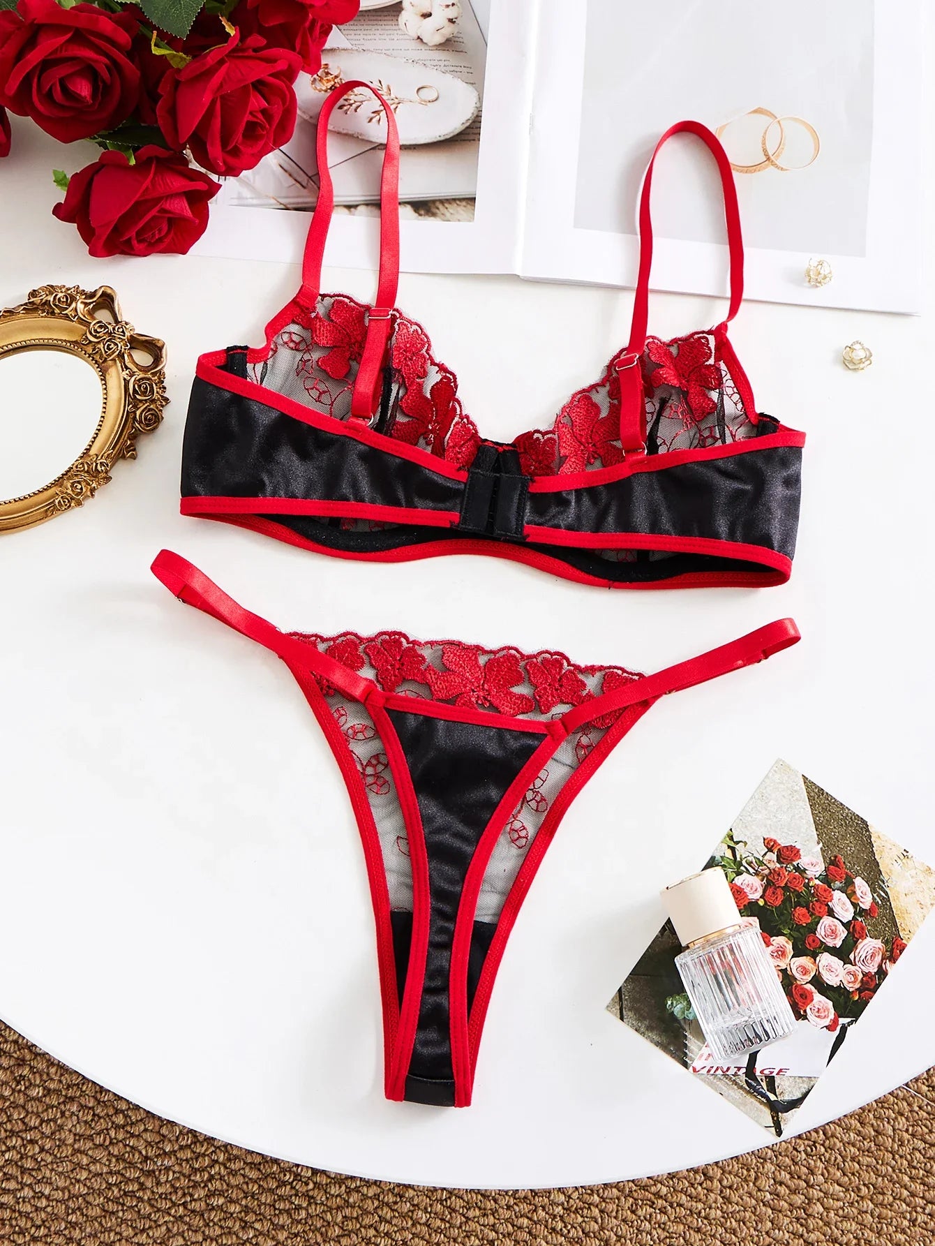 Ladies' Wine Red Heart-shaped Design Embroidered Semi Transparent Comfortable Breathable Underwear Set, Suitable