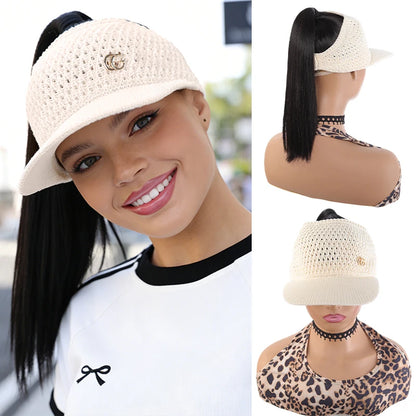 Beige Hollow - out Visor Wig with Straight Ponytail, Synthetic Fiber, Breathable & Lightweight, Easy to Wear for Summer, Gym & D