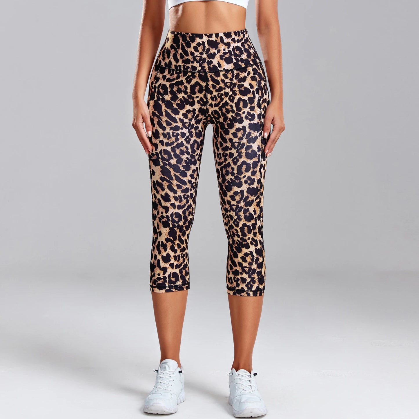 Leopard Print Capris Leggings Women's High Waisted Yoga Pants With Side Pockets Gym Quick Drying Sports Tights Fitness Clothing