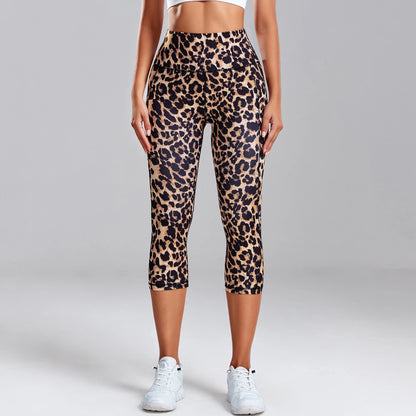 Leopard Print Capris Leggings Women's High Waisted Yoga Pants With Side Pockets Gym Quick Drying Sports Tights Fitness Clothing
