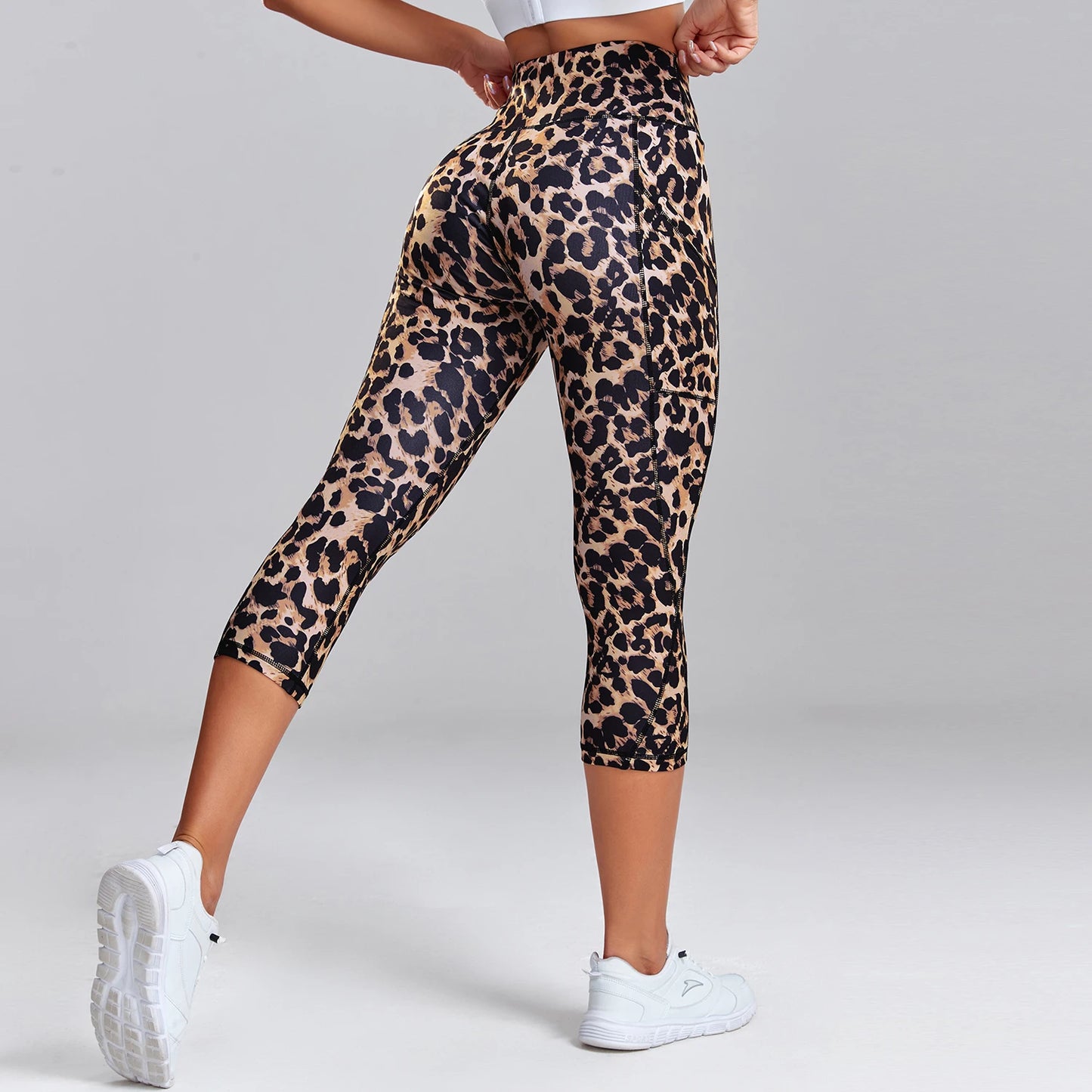 Leopard Print Capris Leggings Women's High Waisted Yoga Pants With Side Pockets Gym Quick Drying Sports Tights Fitness Clothing