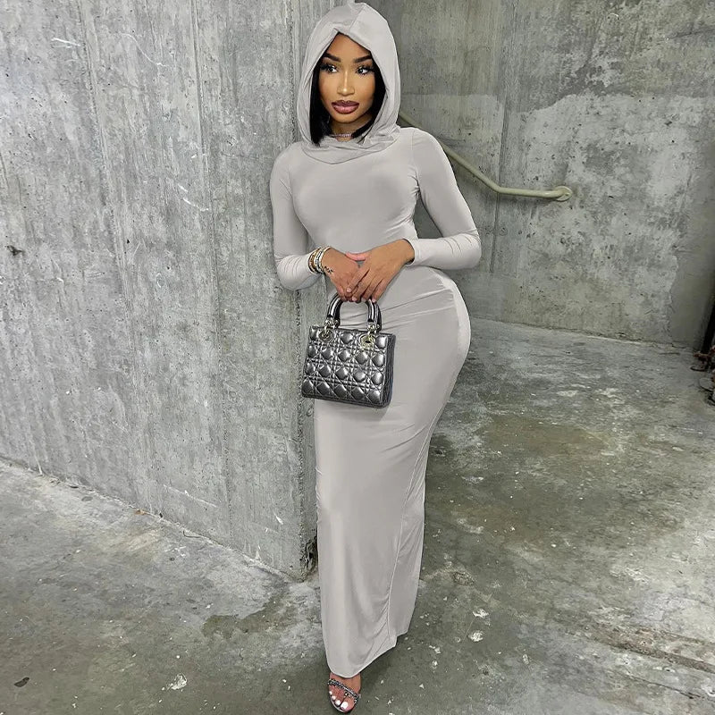 Hooded Long Dress For Women Y2k Clothes Sexy Streetwear Long Sleeve Bodycon Vestidos De Mujer Solid Robe Femme Été Back Split