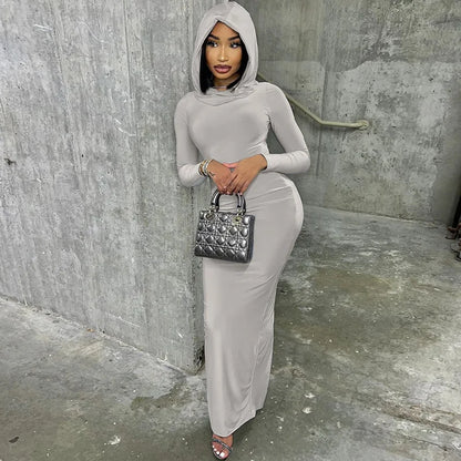 Hooded Long Dress For Women Y2k Clothes Sexy Streetwear Long Sleeve Bodycon Vestidos De Mujer Solid Robe Femme Été Back Split