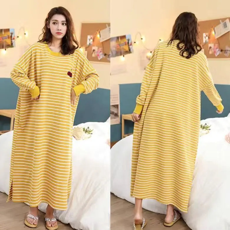 Women's Sleepwear Long Sleeve Midi Nightgown Loose plus Size Striped Home Clothes Spring Summer New Arrival 2023