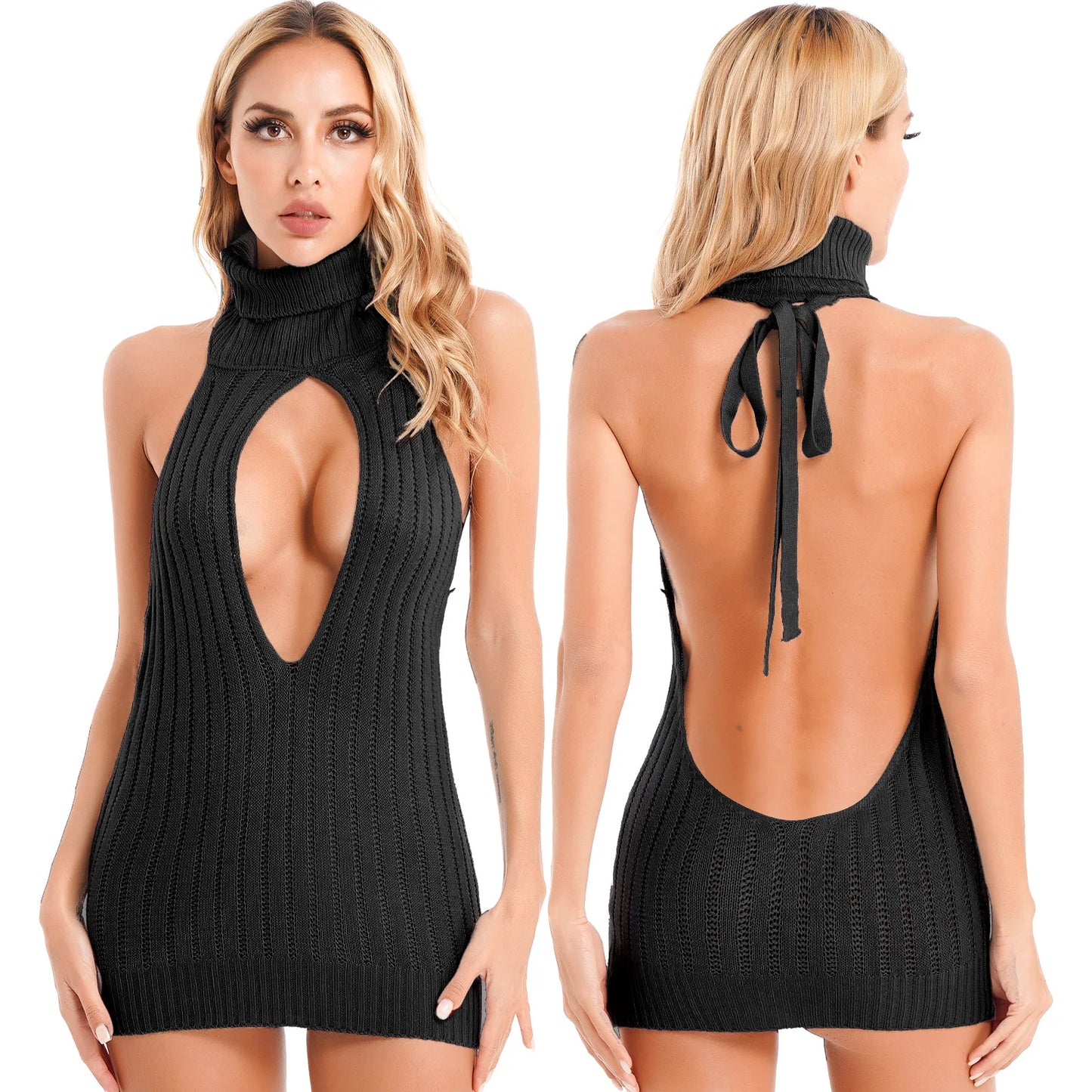 Womens Bodycon Sex Dress Backless Turtleneck Knitted Keyhole Lace-up Back Ribbed Mini Dresses Lingerie Clubwear Party Nightwear