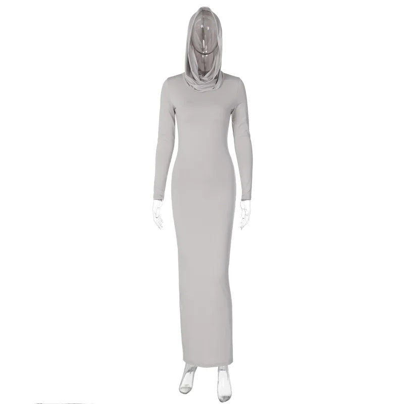 Hooded Long Dress For Women Y2k Clothes Sexy Streetwear Long Sleeve Bodycon Vestidos De Mujer Solid Robe Femme Été Back Split