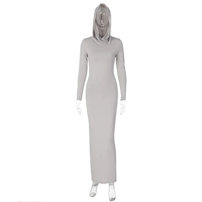 Hooded Long Dress For Women Y2k Clothes Sexy Streetwear Long Sleeve Bodycon Vestidos De Mujer Solid Robe Femme Été Back Split