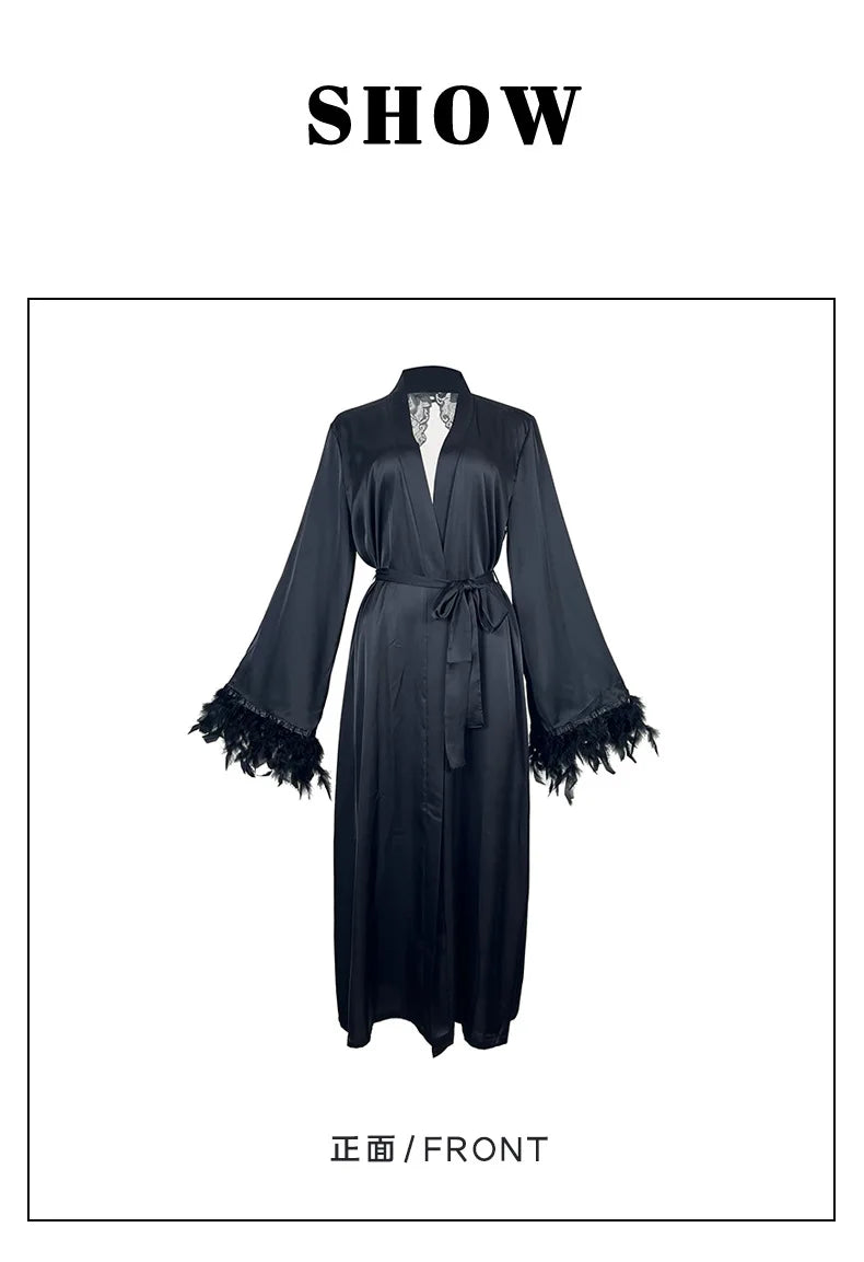 Women's Sexy Robe Silky Satin Long Dressing Gown Lace Backless Nightgowns Horn Feather Sleeve Sleepwear Comfortable Home Robes