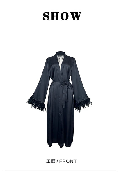 Women's Sexy Robe Silky Satin Long Dressing Gown Lace Backless Nightgowns Horn Feather Sleeve Sleepwear Comfortable Home Robes