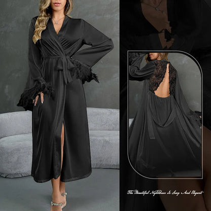 Women's Sexy Robe Silky Satin Long Dressing Gown Lace Backless Nightgowns Horn Feather Sleeve Sleepwear Comfortable Home Robes