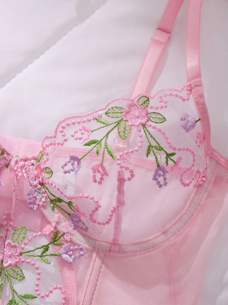 Women's Underwear with Garter Belt Pink Tulle Sexy Lingerie Romantic Floral Embroidery Bra Panties Sets See Through Lingerie Set