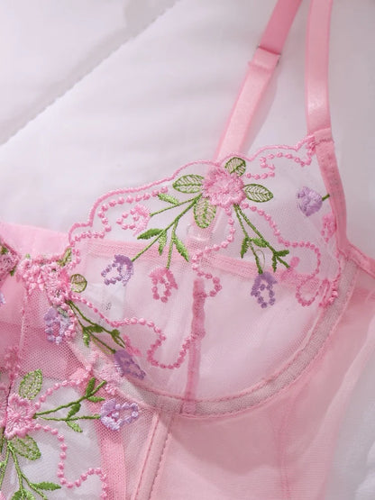 Women's Underwear with Garter Belt Pink Tulle Sexy Lingerie Romantic Floral Embroidery Bra Panties Sets See Through Lingerie Set