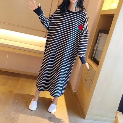 Women's Sleepwear Long Sleeve Midi Nightgown Loose plus Size Striped Home Clothes Spring Summer New Arrival 2023