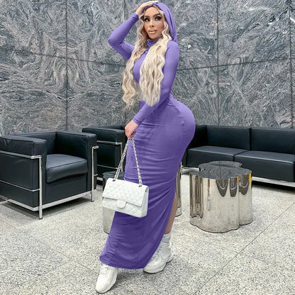 Hooded Long Dress For Women Y2k Clothes Sexy Streetwear Long Sleeve Bodycon Vestidos De Mujer Solid Robe Femme Été Back Split