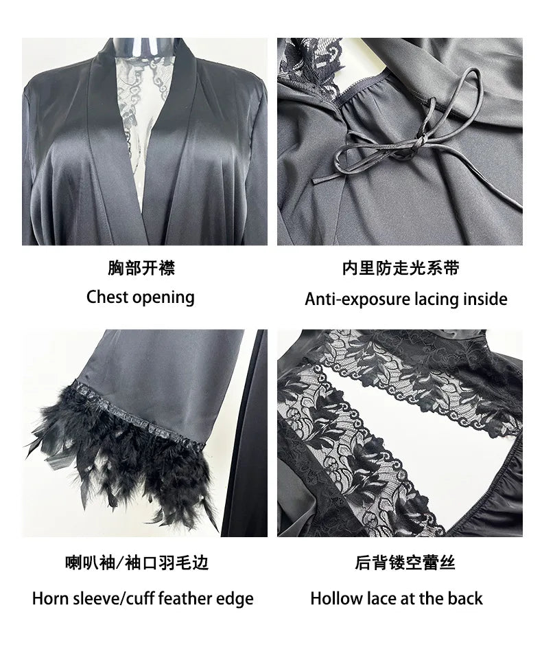 Women's Sexy Robe Silky Satin Long Dressing Gown Lace Backless Nightgowns Horn Feather Sleeve Sleepwear Comfortable Home Robes