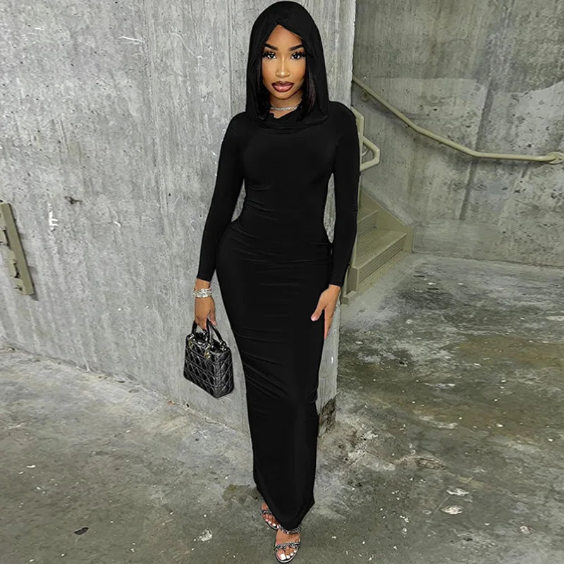 Hooded Long Dress For Women Y2k Clothes Sexy Streetwear Long Sleeve Bodycon Vestidos De Mujer Solid Robe Femme Été Back Split