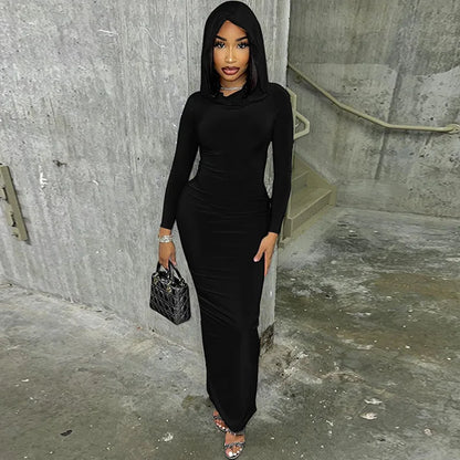Hooded Long Dress For Women Y2k Clothes Sexy Streetwear Long Sleeve Bodycon Vestidos De Mujer Solid Robe Femme Été Back Split
