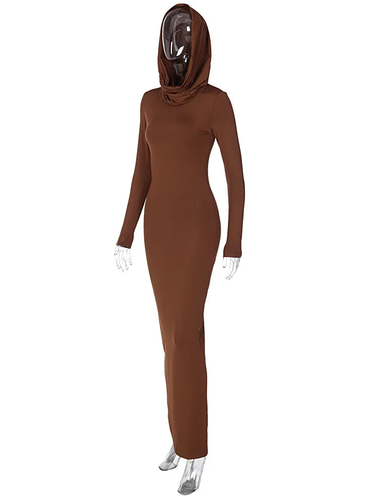 Hooded Long Dress For Women Y2k Clothes Sexy Streetwear Long Sleeve Bodycon Vestidos De Mujer Solid Robe Femme Été Back Split