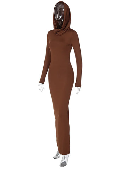 Hooded Long Dress For Women Y2k Clothes Sexy Streetwear Long Sleeve Bodycon Vestidos De Mujer Solid Robe Femme Été Back Split
