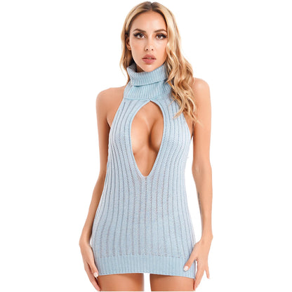 Womens Bodycon Sex Dress Backless Turtleneck Knitted Keyhole Lace-up Back Ribbed Mini Dresses Lingerie Clubwear Party Nightwear