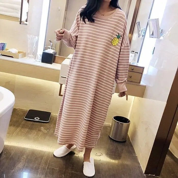 Women's Sleepwear Long Sleeve Midi Nightgown Loose plus Size Striped Home Clothes Spring Summer New Arrival 2023