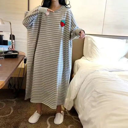 Women's Sleepwear Long Sleeve Midi Nightgown Loose plus Size Striped Home Clothes Spring Summer New Arrival 2023