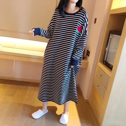 Women's Sleepwear Long Sleeve Midi Nightgown Loose plus Size Striped Home Clothes Spring Summer New Arrival 2023