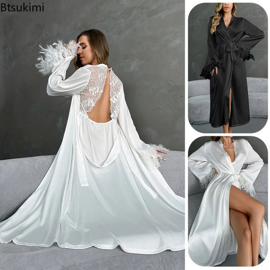 Women's Sexy Robe Silky Satin Long Dressing Gown Lace Backless Nightgowns Horn Feather Sleeve Sleepwear Comfortable Home Robes