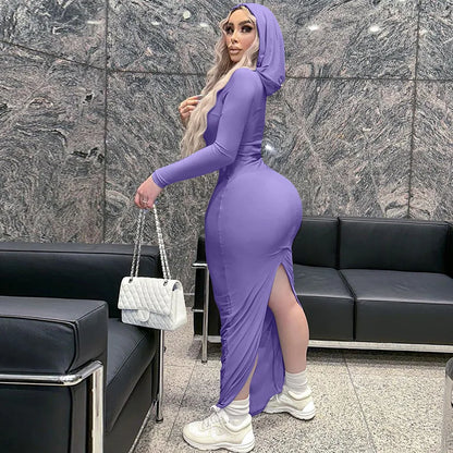 Hooded Long Dress For Women Y2k Clothes Sexy Streetwear Long Sleeve Bodycon Vestidos De Mujer Solid Robe Femme Été Back Split