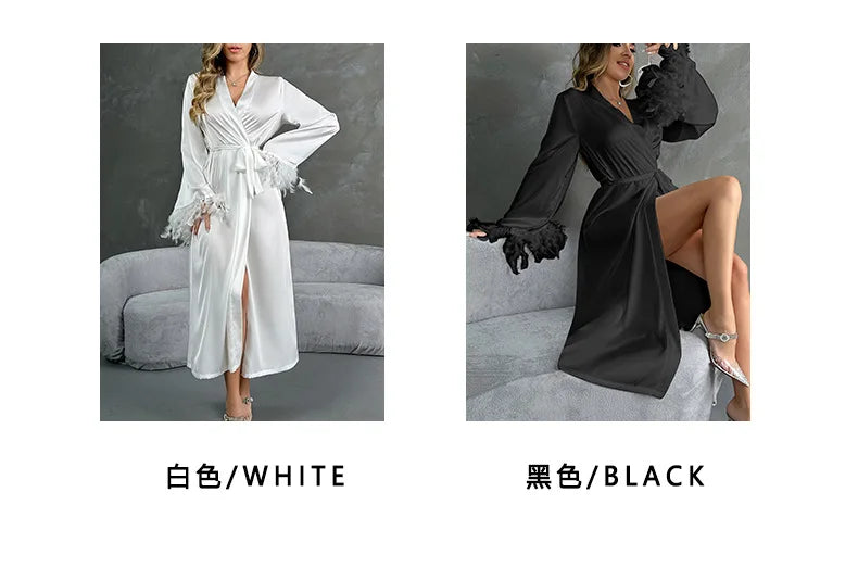 Women's Sexy Robe Silky Satin Long Dressing Gown Lace Backless Nightgowns Horn Feather Sleeve Sleepwear Comfortable Home Robes