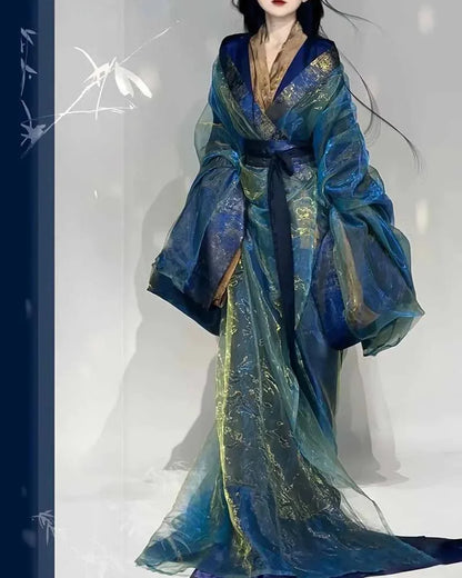 Women's Chinese Traditional Hanfu Female Outerwear Set Costume War Robe Colorful Gauze Outerwear Satin Gown Cosplay Dress