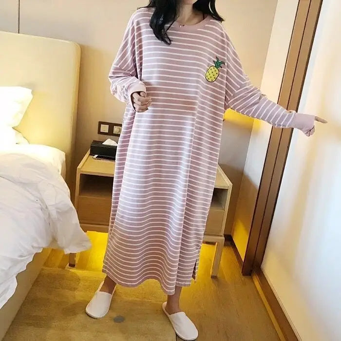 Women's Sleepwear Long Sleeve Midi Nightgown Loose plus Size Striped Home Clothes Spring Summer New Arrival 2023