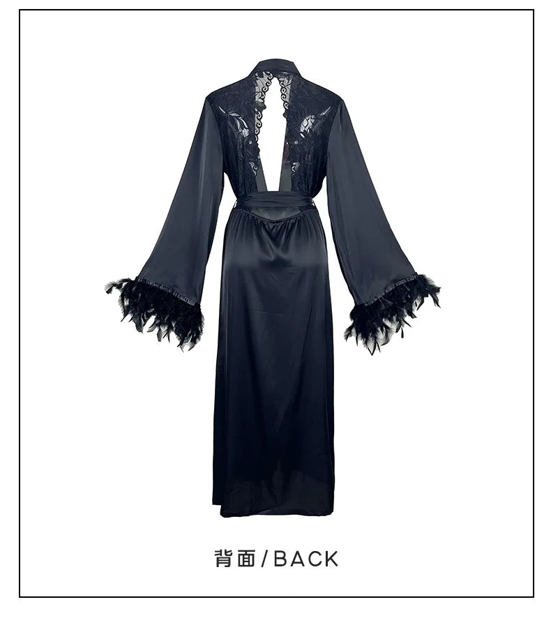 Women's Sexy Robe Silky Satin Long Dressing Gown Lace Backless Nightgowns Horn Feather Sleeve Sleepwear Comfortable Home Robes