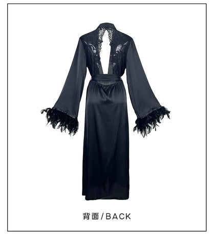 Women's Sexy Robe Silky Satin Long Dressing Gown Lace Backless Nightgowns Horn Feather Sleeve Sleepwear Comfortable Home Robes