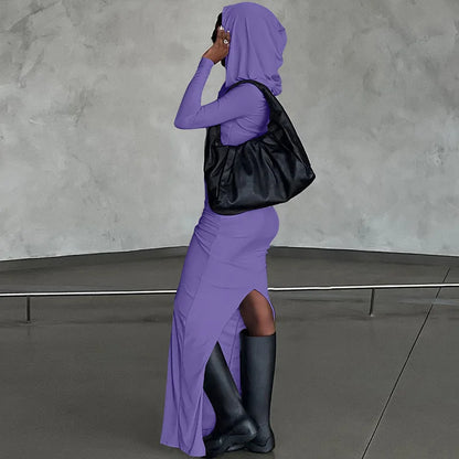 Hooded Long Dress For Women Y2k Clothes Sexy Streetwear Long Sleeve Bodycon Vestidos De Mujer Solid Robe Femme Été Back Split