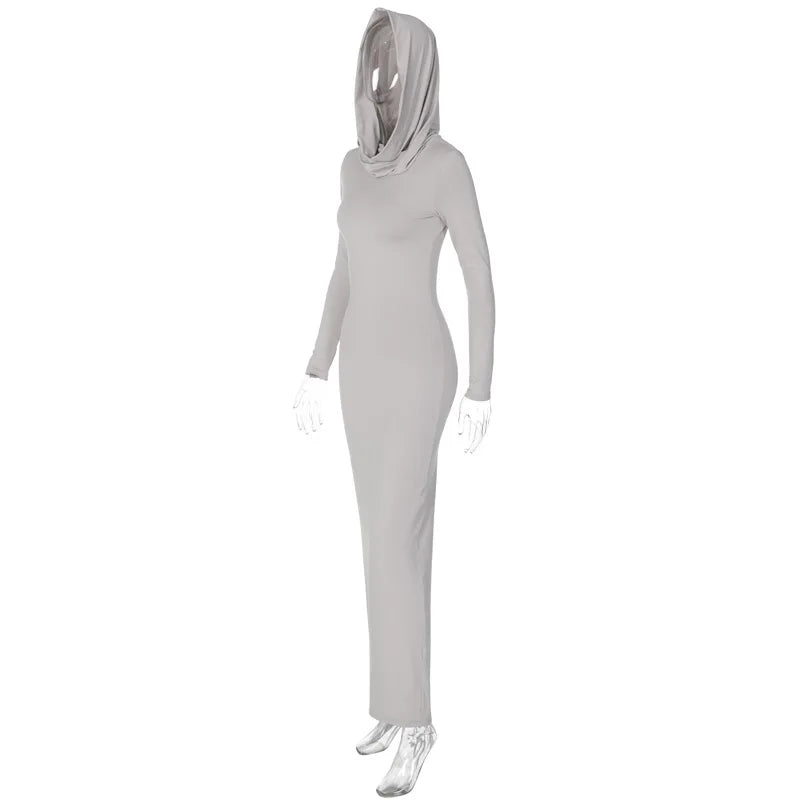 Hooded Long Dress For Women Y2k Clothes Sexy Streetwear Long Sleeve Bodycon Vestidos De Mujer Solid Robe Femme Été Back Split