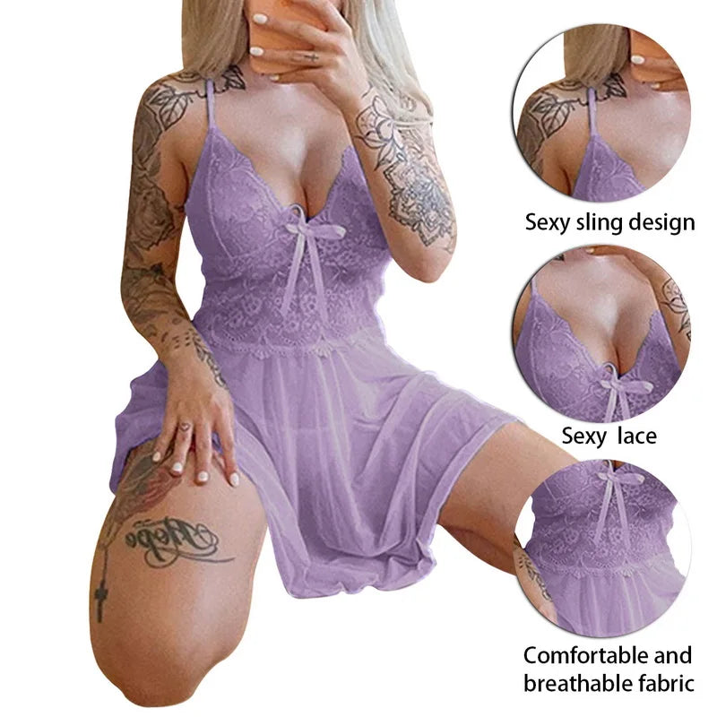 Sexy Sleepwear Women's Nightgowns Dress Through Lace Sexy Lingerie Night Dress Women Underwear Party Nightie