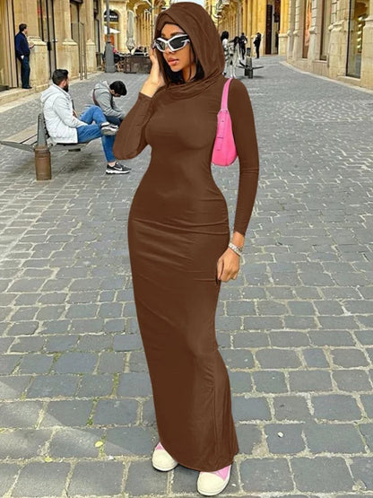 Hooded Long Dress For Women Y2k Clothes Sexy Streetwear Long Sleeve Bodycon Vestidos De Mujer Solid Robe Femme Été Back Split