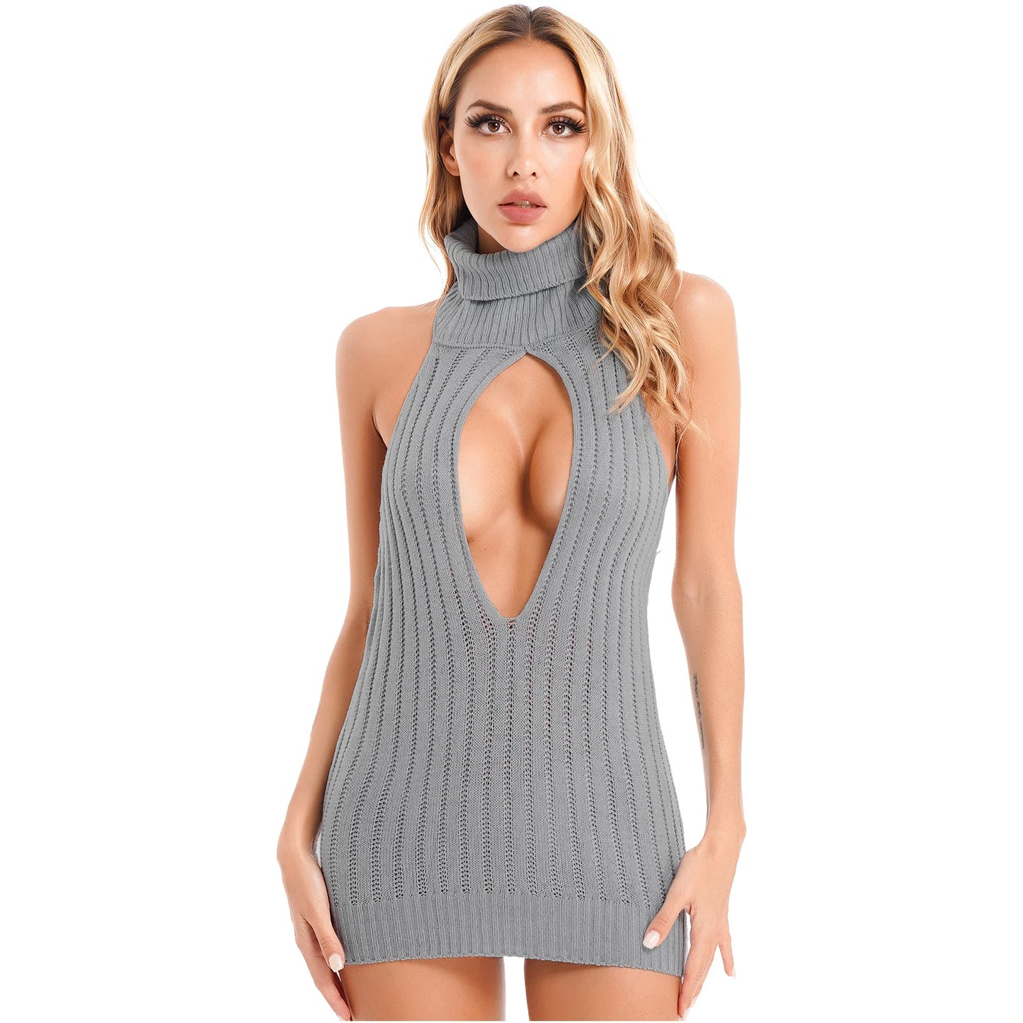 Womens Bodycon Sex Dress Backless Turtleneck Knitted Keyhole Lace-up Back Ribbed Mini Dresses Lingerie Clubwear Party Nightwear