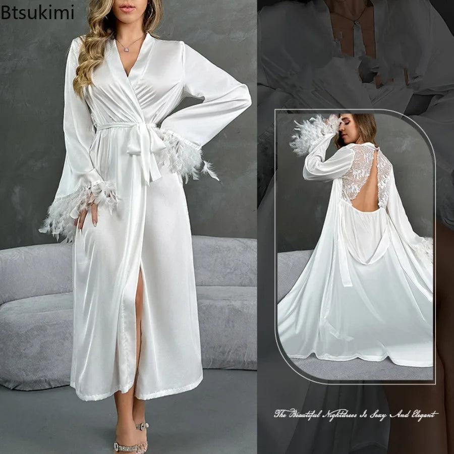 Women's Sexy Robe Silky Satin Long Dressing Gown Lace Backless Nightgowns Horn Feather Sleeve Sleepwear Comfortable Home Robes