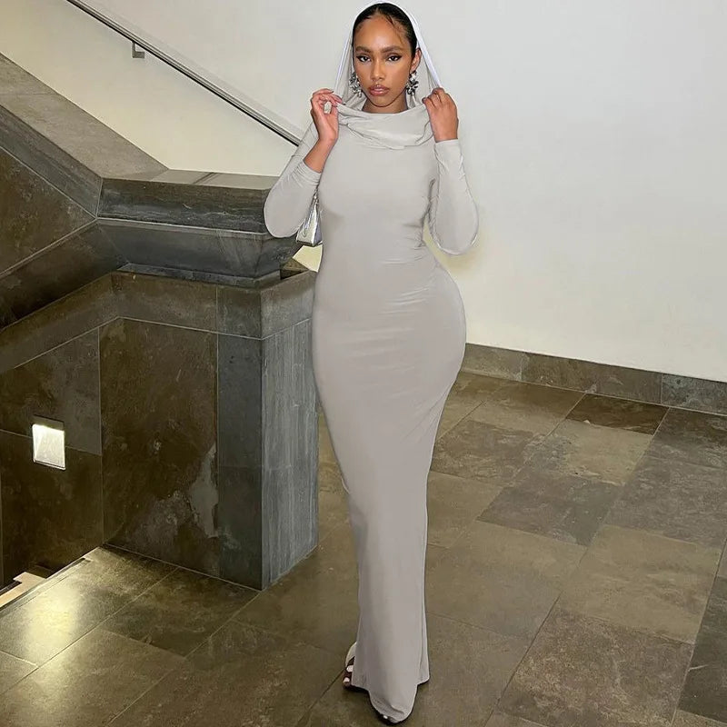 Hooded Long Dress For Women Y2k Clothes Sexy Streetwear Long Sleeve Bodycon Vestidos De Mujer Solid Robe Femme Été Back Split