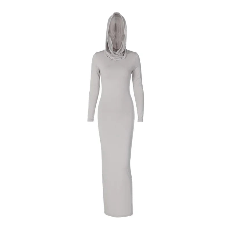Hooded Long Dress For Women Y2k Clothes Sexy Streetwear Long Sleeve Bodycon Vestidos De Mujer Solid Robe Femme Été Back Split