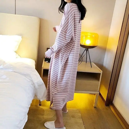 Women's Sleepwear Long Sleeve Midi Nightgown Loose plus Size Striped Home Clothes Spring Summer New Arrival 2023