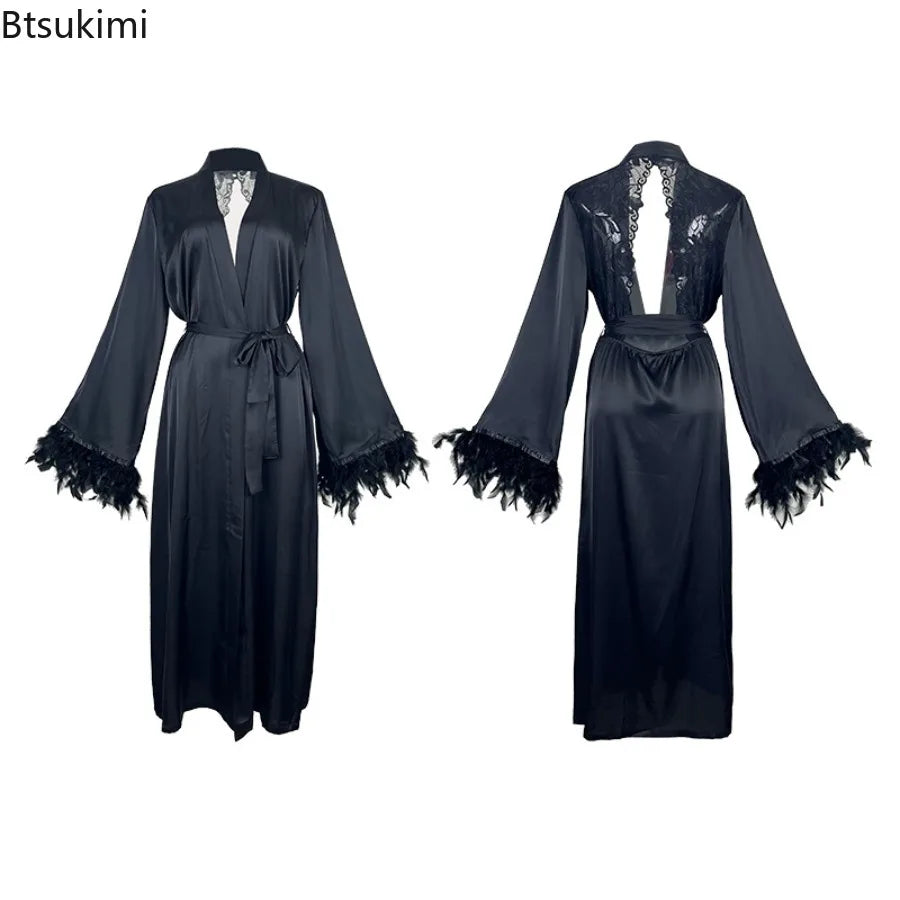Women's Sexy Robe Silky Satin Long Dressing Gown Lace Backless Nightgowns Horn Feather Sleeve Sleepwear Comfortable Home Robes