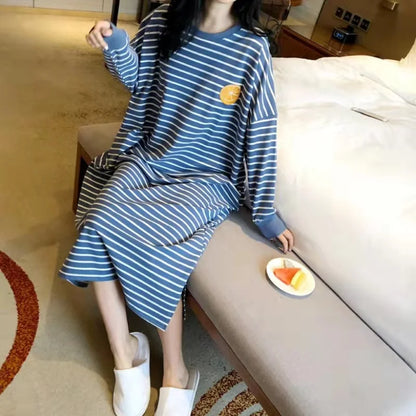 Women's Sleepwear Long Sleeve Midi Nightgown Loose plus Size Striped Home Clothes Spring Summer New Arrival 2023